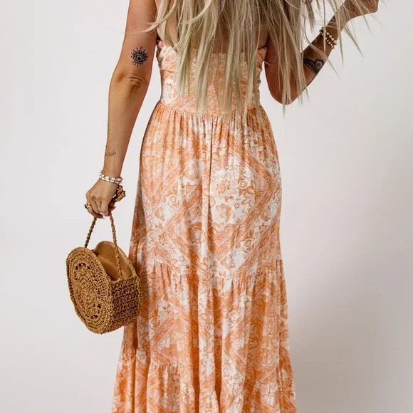 Orange O-ring Cut out Floral Print Strapless Maxi Dress - Picture 2 of 3